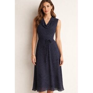 Ralph Lauren Navy Blue Polka Dot Sleeveless Midi Dress